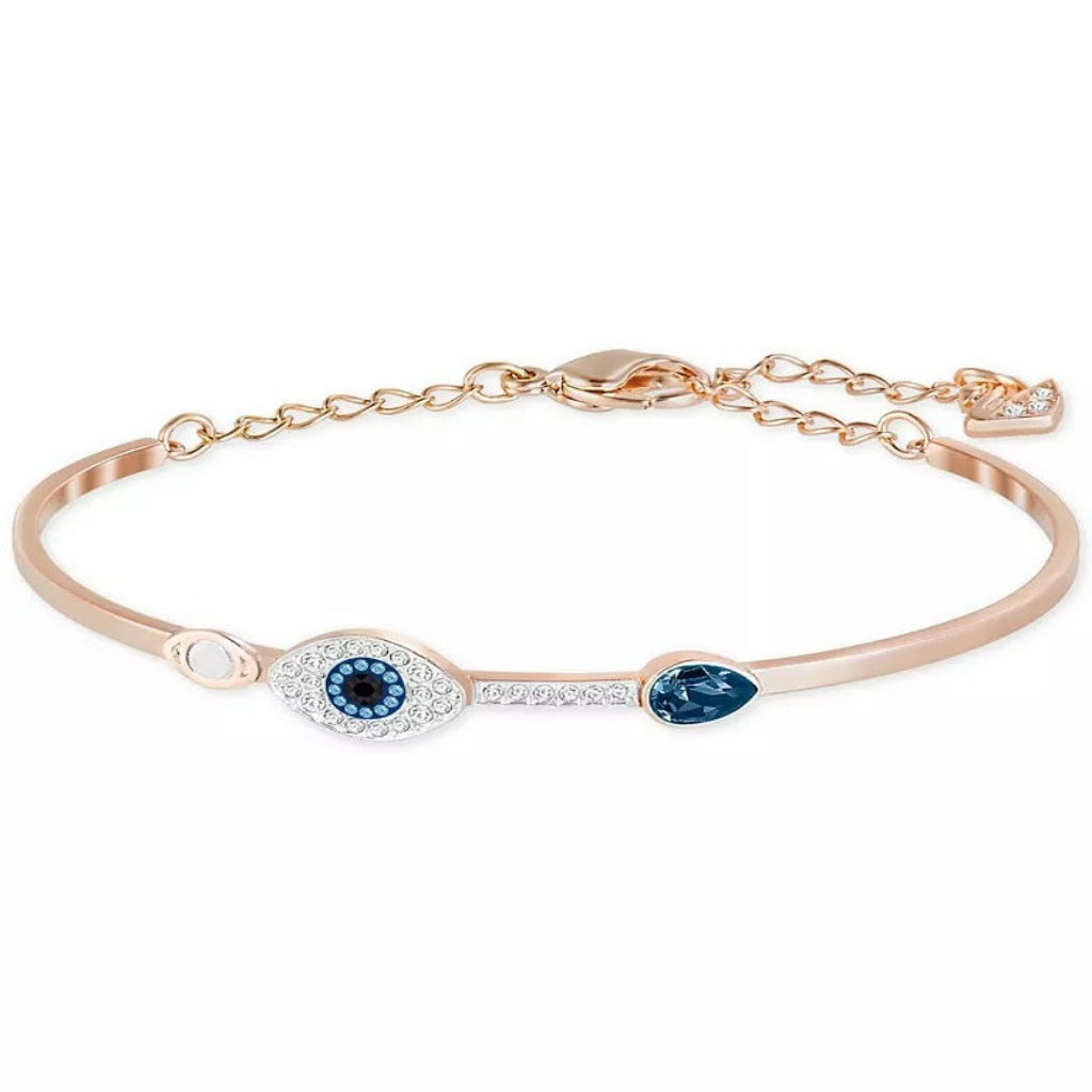 Rose Gold-Tone Clear and Blue Crystal Evil Eye Adjustable Bangle