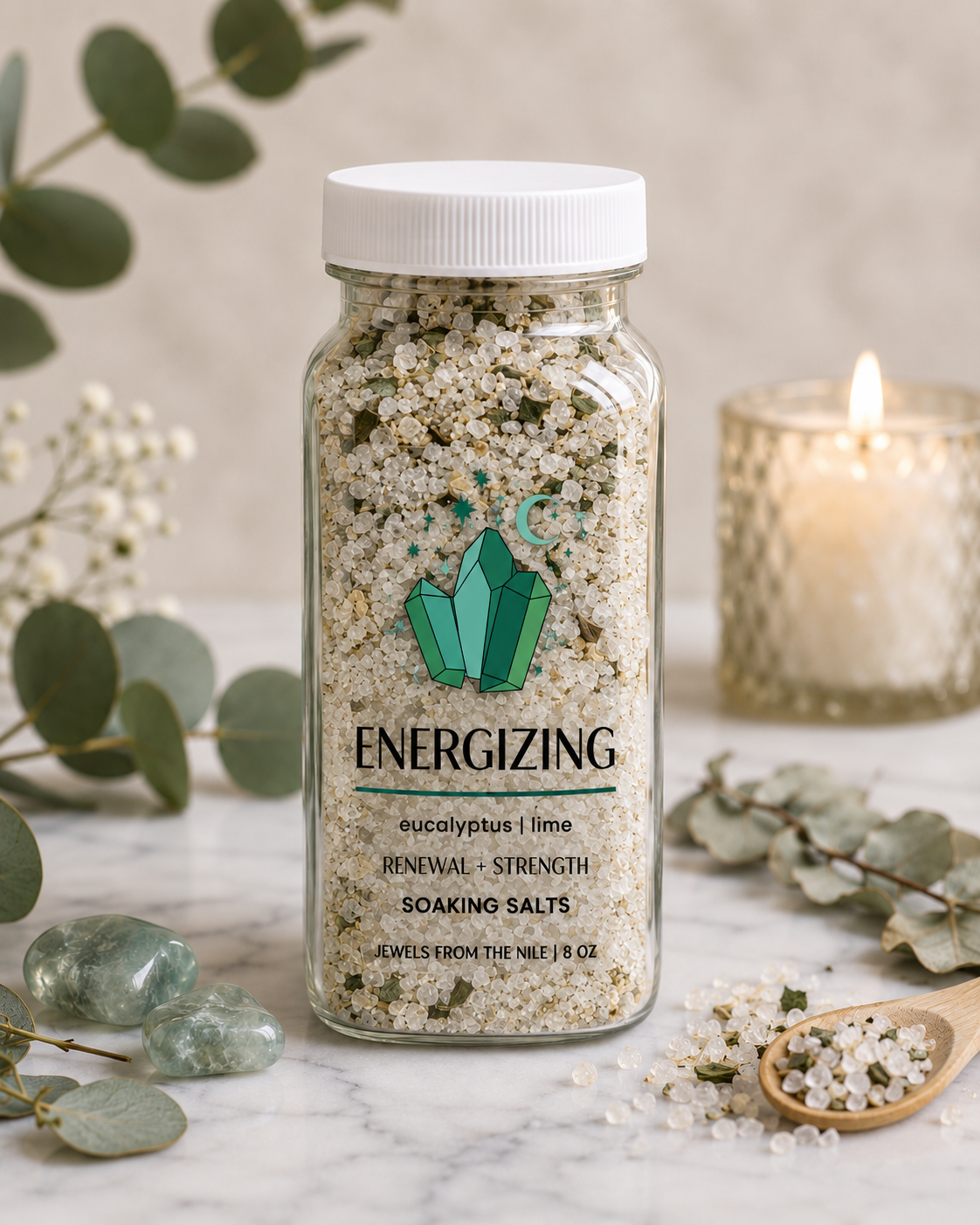 Energizing Detox Bath Soak — eucalyptus and lime bath salts in an 8oz jar — Jewels from the Nile