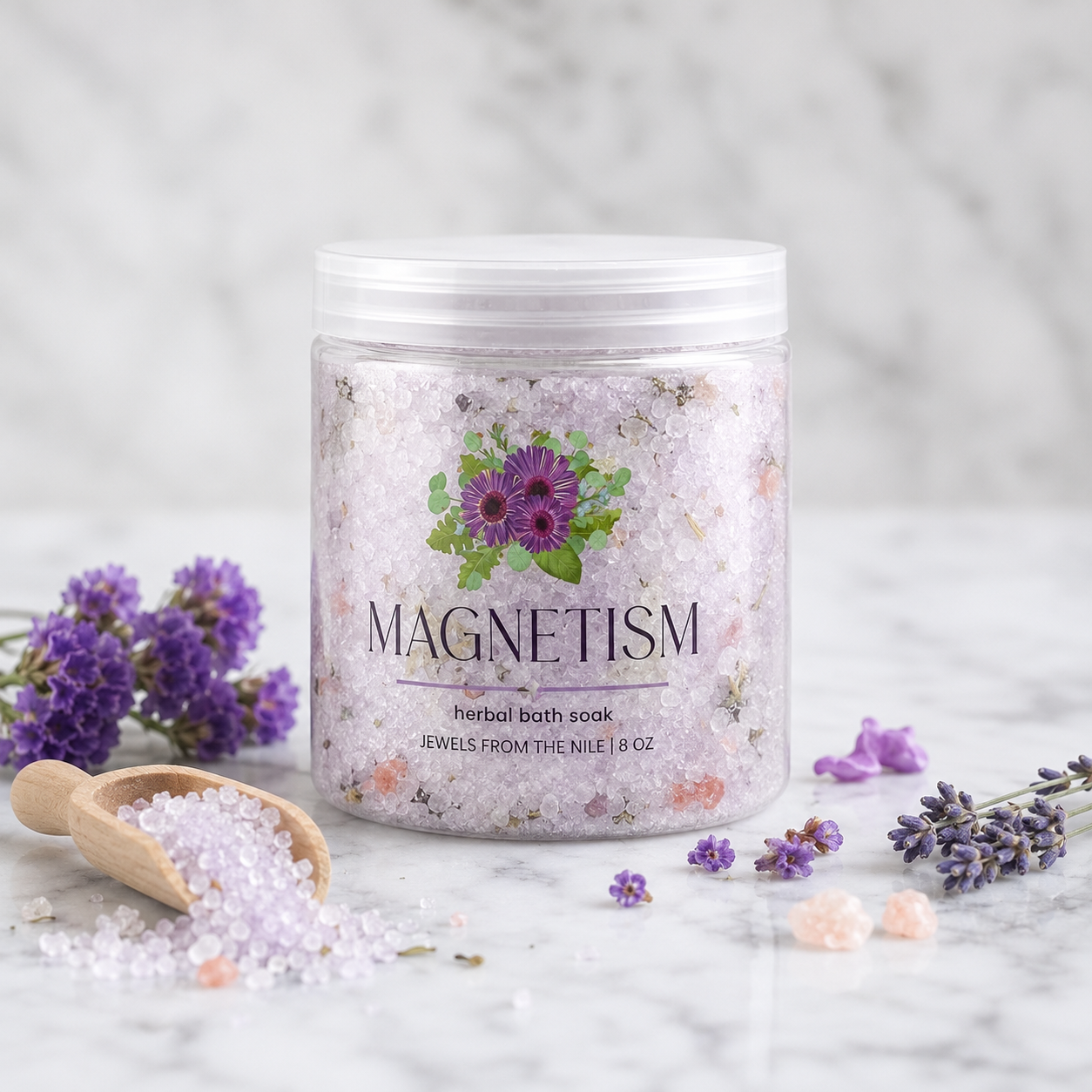Magnetism Herbal Bath Soak — lavender and rose abundance ritual bath salts in an 8oz jar with wooden scoop and crystals — Jewels from the Nile