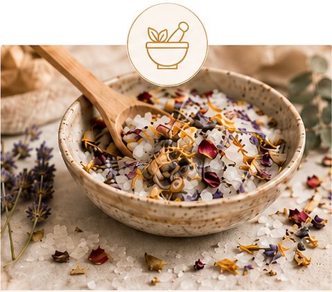 Hand-blended, small batch bath salts — ceramic bowl of sea salt, rose petals, and dried botanicals with a wooden scoop — Jewels from the Nile
