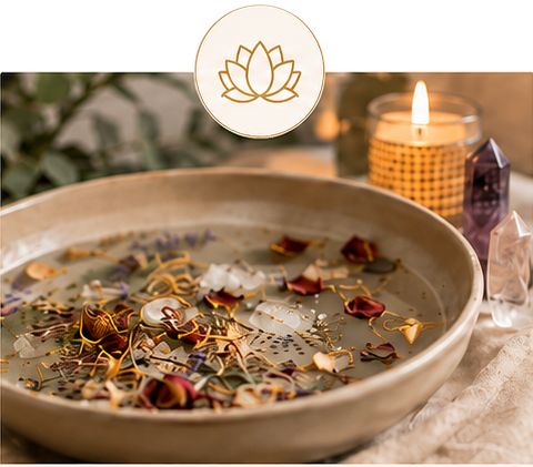 Made for everyone — bath soak ritual dish with botanicals and flower petals beside a lit candle and crystals — Jewels from the Nile